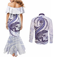 Purple Maori Tuatara Couples Matching Mermaid Dress and Long Sleeve Button Shirt Luxury Pastel Pattern LT01 - Polynesian Pride
