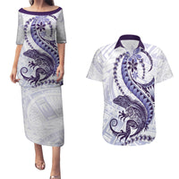 Purple Maori Tuatara Couples Matching Puletasi and Hawaiian Shirt Luxury Pastel Pattern LT01 Purple - Polynesian Pride