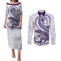 Purple Maori Tuatara Couples Matching Puletasi and Long Sleeve Button Shirt Luxury Pastel Pattern LT01 Purple - Polynesian Pride