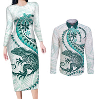 Teal Maori Tuatara Couples Matching Long Sleeve Bodycon Dress and Long Sleeve Button Shirt Luxury Pastel Pattern LT01 Teal - Polynesian Pride