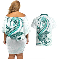 Teal Maori Tuatara Couples Matching Off Shoulder Short Dress and Hawaiian Shirt Luxury Pastel Pattern LT01 - Polynesian Pride