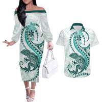 Teal Maori Tuatara Couples Matching Off The Shoulder Long Sleeve Dress and Hawaiian Shirt Luxury Pastel Pattern LT01 Teal - Polynesian Pride