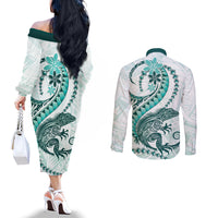 Teal Maori Tuatara Couples Matching Off The Shoulder Long Sleeve Dress and Long Sleeve Button Shirt Luxury Pastel Pattern LT01 - Polynesian Pride