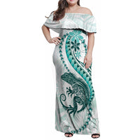 Teal Maori Tuatara Family Matching Off Shoulder Maxi Dress and Hawaiian Shirt Luxury Pastel Pattern LT01 Mom's Dress Teal - Polynesian Pride