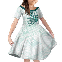 Teal Maori Tuatara Family Matching Puletasi and Hawaiian Shirt Luxury Pastel Pattern LT01 Daughter's Dress Teal - Polynesian Pride