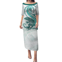 Teal Maori Tuatara Family Matching Puletasi and Hawaiian Shirt Luxury Pastel Pattern LT01 Mom's Dress Teal - Polynesian Pride