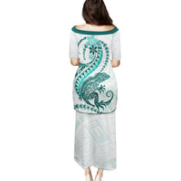 Teal Maori Tuatara Family Matching Puletasi and Hawaiian Shirt Luxury Pastel Pattern LT01 - Polynesian Pride