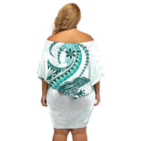 Teal Maori Tuatara Off Shoulder Short Dress Luxury Pastel Pattern LT01 - Polynesian Pride