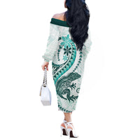Teal Maori Tuatara Off The Shoulder Long Sleeve Dress Luxury Pastel Pattern