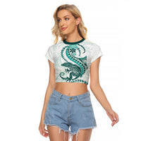 Teal Maori Tuatara Raglan Cropped T Shirt Luxury Pastel Pattern
