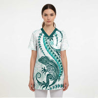 Teal Maori Tuatara Scrub Top Luxury Pastel Pattern - Polynesian Pride