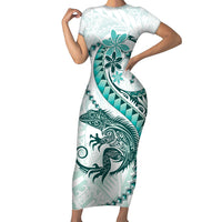 Teal Maori Tuatara Short Sleeve Bodycon Dress Luxury Pastel Pattern