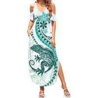 Teal Maori Tuatara Summer Maxi Dress Luxury Pastel Pattern LT01 Women Teal - Polynesian Pride
