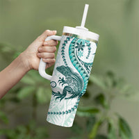 Teal Maori Tuatara Tumbler With Handle Luxury Pastel Pattern LT01 - Polynesian Pride