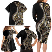 Hawaii Pineapple Brown Tribal Pattern Family Matching Long Sleeve Bodycon Dress and Hawaiian Shirt - Polynesian Pride