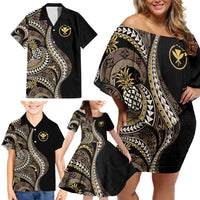 Hawaii Pineapple Brown Tribal Pattern Family Matching Off Shoulder Short Dress and Hawaiian Shirt - Polynesian Pride