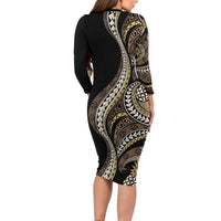 Hawaii Pineapple Brown Tribal Pattern Long Sleeve Bodycon Dress - Polynesian Pride