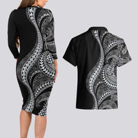 Hawaii Pineapple Gray Scale Tribal Pattern Couples Matching Long Sleeve Bodycon Dress and Hawaiian Shirt - Polynesian Pride
