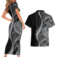 Hawaii Pineapple Gray Scale Tribal Pattern Couples Matching Short Sleeve Bodycon Dress and Hawaiian Shirt - Polynesian Pride