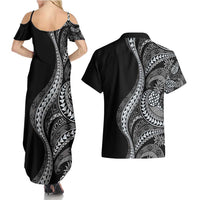 Hawaii Pineapple Gray Scale Tribal Pattern Couples Matching Summer Maxi Dress and Hawaiian Shirt - Polynesian Pride