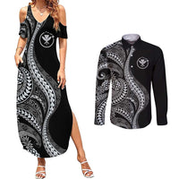 Hawaii Pineapple Gray Scale Tribal Pattern Couples Matching Summer Maxi Dress and Long Sleeve Button Shirt - Polynesian Pride