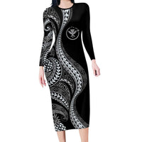 Hawaii Pineapple Gray Scale Tribal Pattern Family Matching Long Sleeve Bodycon Dress and Hawaiian Shirt - Polynesian Pride