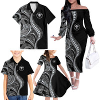 Hawaii Pineapple Gray Scale Tribal Pattern Family Matching Off The Shoulder Long Sleeve Dress and Hawaiian Shirt - Polynesian Pride