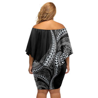 Hawaii Pineapple Gray Scale Tribal Pattern Family Matching Off Shoulder Short Dress and Hawaiian Shirt - Polynesian Pride