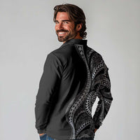 Hawaii Pineapple Gray Scale Tribal Pattern Long Sleeve Polo Shirt LT01 - Polynesian Pride