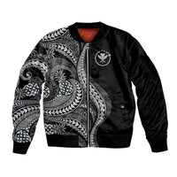 Hawaii Pineapple Gray Scale Tribal Pattern Sleeve Zip Bomber Jacket - Polynesian Pride