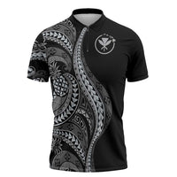 Hawaii Pineapple Gray Scale Tribal Pattern Zipper Polo Shirt LT01 Black - Polynesian Pride