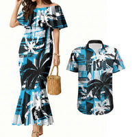 Custom Fijian Rugby Couples Matching Mermaid Dress and Hawaiian Shirt Grunge Palm Stylized LT01 Blue - Polynesian Pride