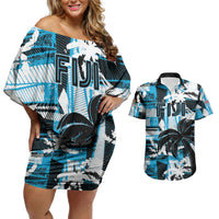 Custom Fijian Rugby Couples Matching Off Shoulder Short Dress and Hawaiian Shirt Grunge Palm Stylized LT01 Blue - Polynesian Pride