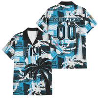 Custom Fijian Rugby Family Matching Mermaid Dress and Hawaiian Shirt Grunge Palm Stylized LT01 Dad's Shirt - Short Sleeve Blue - Polynesian Pride