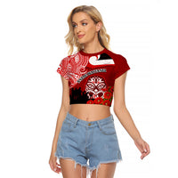 New Zealand ANZAC Waitangi Day Raglan Cropped T Shirt Lest We Forget Soldier Tiki Maori Style LT03 Female Red - Polynesian Pride