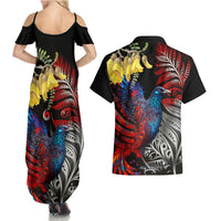 New Zealand Kohwhai Tui Bird Couples Matching Summer Maxi Dress and Hawaiian Shirt Silver Fern Version LT03 - Polynesian Pride