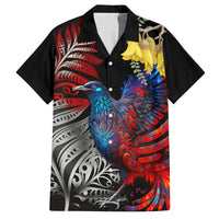 New Zealand Kohwhai Tui Bird Family Matching Off Shoulder Short Dress and Hawaiian Shirt Silver Fern Version LT03 Dad's Shirt - Short Sleeve Black - Polynesian Pride