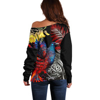 New Zealand Kohwhai Tui Bird Off Shoulder Sweater Silver Fern Version LT03 - Polynesian Pride