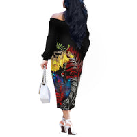 New Zealand Kohwhai Tui Bird Off The Shoulder Long Sleeve Dress Silver Fern Version LT03 - Polynesian Pride