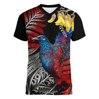 New Zealand Kohwhai Tui Bird Women V Neck T Shirt Silver Fern Version LT03 Female Black - Polynesian Pride