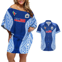 Custom Manu Samoa Rugby Couples Matching Off Shoulder Short Dress and Hawaiian Shirt Polynesian Tattoo LT03 Blue - Polynesian Pride