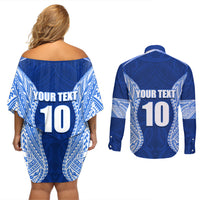 Custom Manu Samoa Rugby Couples Matching Off Shoulder Short Dress and Long Sleeve Button Shirt Polynesian Tattoo LT03