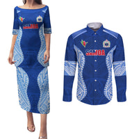 Custom Manu Samoa Rugby Couples Matching Puletasi and Long Sleeve Button Shirt Polynesian Tattoo LT03 Blue - Polynesian Pride