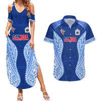 Custom Manu Samoa Rugby Couples Matching Summer Maxi Dress and Hawaiian Shirt Polynesian Tattoo LT03 Blue - Polynesian Pride