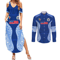 Custom Manu Samoa Rugby Couples Matching Summer Maxi Dress and Long Sleeve Button Shirt Polynesian Tattoo LT03 Blue - Polynesian Pride