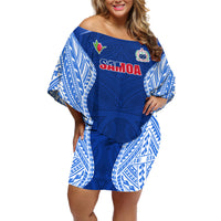 Custom Manu Samoa Rugby Off Shoulder Short Dress Polynesian Tattoo LT03 Women Blue - Polynesian Pride