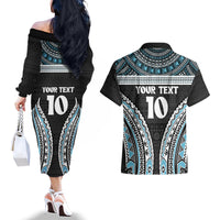 Custom Flying Fijians Rugby Couples Matching Off The Shoulder Long Sleeve Dress and Hawaiian Shirt Tapa Tribal Cloth Black Color LT03 - Polynesian Pride