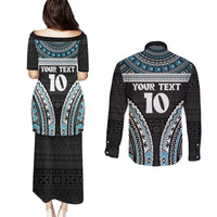 Custom Flying Fijians Rugby Couples Matching Puletasi and Long Sleeve Button Shirt Tapa Tribal Cloth Black Color LT03 - Polynesian Pride