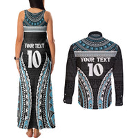 Custom Flying Fijians Rugby Couples Matching Tank Maxi Dress and Long Sleeve Button Shirt Tapa Tribal Cloth Black Color LT03 - Polynesian Pride