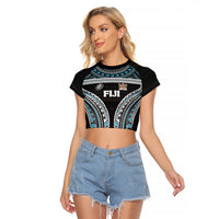 Custom Flying Fijians Rugby Raglan Cropped T Shirt Tapa Tribal Cloth Black Color LT03 Female Black - Polynesian Pride